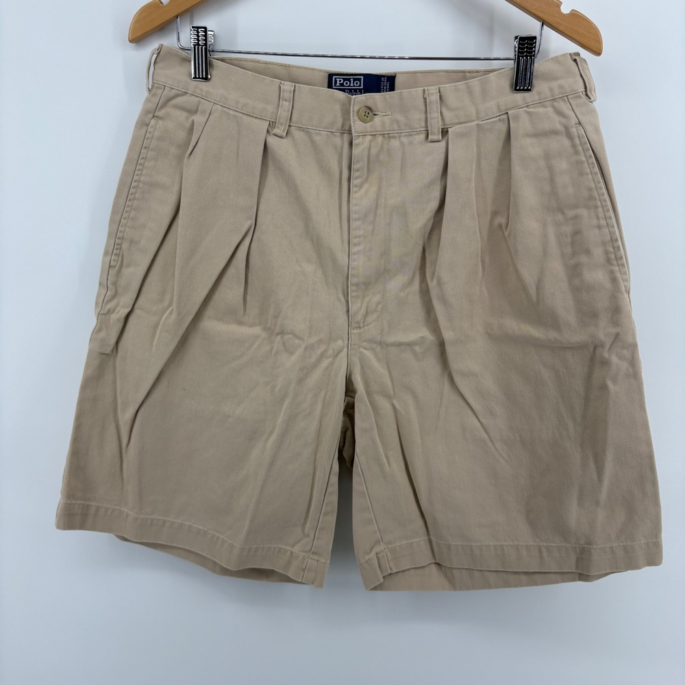 Polo Ralph Lauren Tyler Short Mens 34 Khaki Good Pleated Chino Cotton Twill